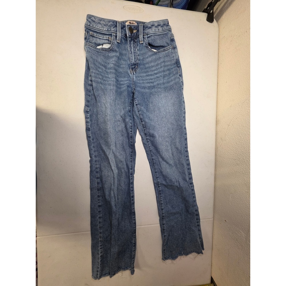 SO High Rise 90s Bootcut Jeans Medium Wash Blue Raw Hem Size 3 26W